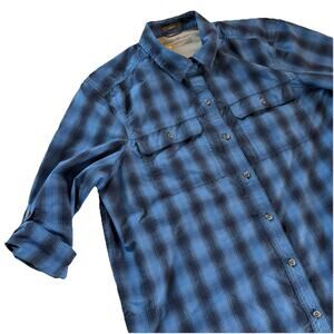 Eddie Bauer Women’s Blue Plaid Travex Roll Tab Sleeve Vented Shirt Size Large